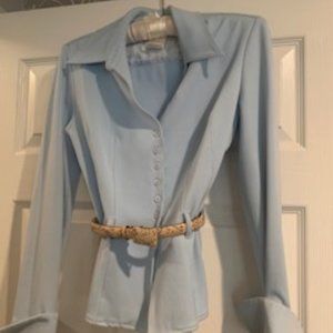 Baby blue tapered jacket with french cuffs in fine knit